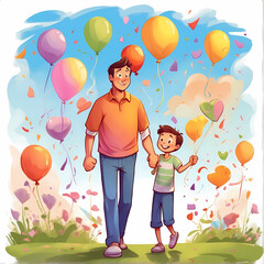 Happy Father's Day, dad playing with his son and daughter, feeling happy and warm, cartoon illustration.