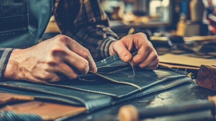 Naklejka premium Artisan hands sewing a leather bag with precision tools on a workshop table