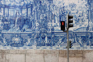 blue tile exterior of Chapel of souls in Porto