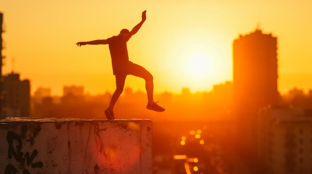 Silhouette of a young male traceur doing parkour trick on an urban rooftop. Determined guy demonstrating parkour techniques. Cityscape illuminated by setting sun in the background.