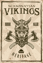 Vikings vector poster illustration in vintage style with grunge textures on separate layers