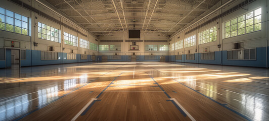 Spacious bright gymnasium with basketball court at school or university. Student involvement in sports activities. - obrazy, fototapety, plakaty