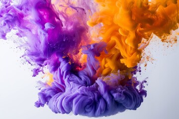 Vibrant Purple and Yellow Paint Collision on White Background for Creative Design