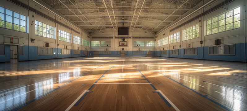 Spacious bright gymnasium with basketball court at school or university. Student involvement in sports activities.