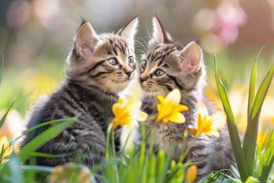 Two cute little kittens playing among the flowers.