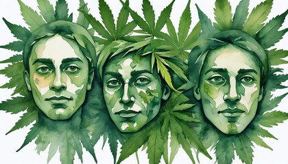 Watercolor Of Male Faces Made From Cannabis Leaves. - obrazy, fototapety, plakaty