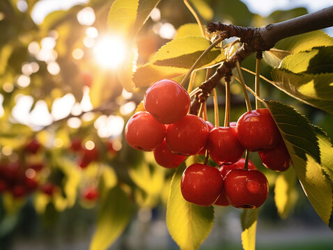 Image of a flourishing cherry orchard with vibrant leaves. Golden hour in the evening.