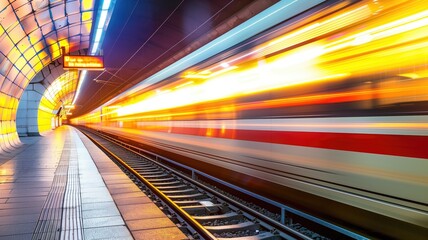 Fototapeta na wymiar Blurred train in motion speeding through a brightly lit modern subway station