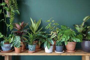 Variety of indoor plants in pots on a wooden shelf near a green wall