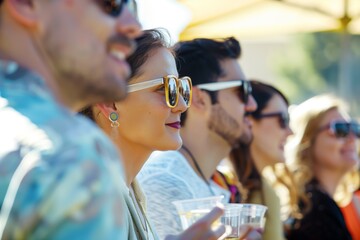 group with protective sunglasses at a sunny outdoor event - obrazy, fototapety, plakaty
