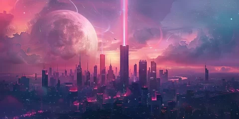 Poster Futuristic cityscape with energy beam tower surreal buildings and intergalactic planet landscape. Concept Futuristic Cityscape, Energy Beam Tower, Surreal Buildings, Intergalactic Planet Landscape © Ян Заболотний