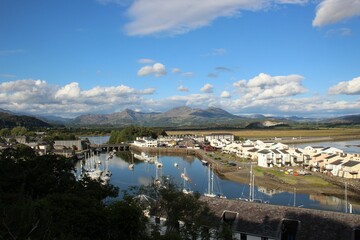 an aerial view of boats docked along the waterfront in front of houses