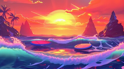 70s surf competition with hoverboards, psychedelic waves, sunset backdrop - obrazy, fototapety, plakaty