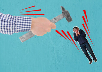 Might Makes Right: Hand with Hammer Over Cowering Man. Composite Collage. Concept of legal or illegal violence