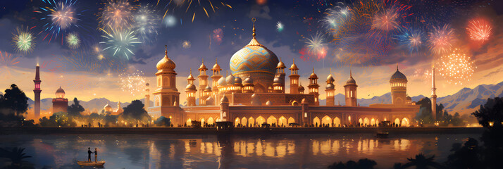 Fototapeta premium Celebrating the Spirit of Community and Unity: A Vibrant Depiction of Eid Celebrations