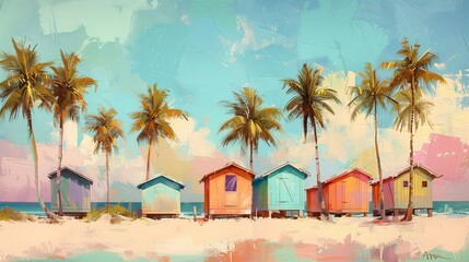 Transport the viewer to a tranquil seaside retreat with pastel-colored beach huts nestled among swaying palm trees.