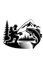 Fishing On Lake Svg, Fisherman With Fishing Rod In Mountain, Landscape With Forest Clipart Png, Dad Bass Fishing, Shirt Cut File, Fishing SVG, Fisherman SVG, Bass fish, Fishing Logo, Silhouette