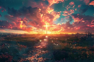 Experience the brilliance of a radiant and shining cross gleaming brightly against the backdrop, with a pathway bathed in its luminosity guiding towards its sacred presence - obrazy, fototapety, plakaty