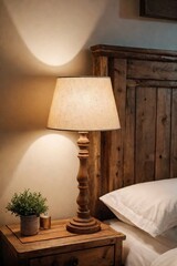 Close-up of a beautiful rustic bedside table lamp near the bed in the vintage-style bedroom with copy space.