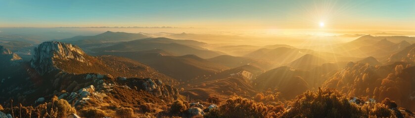 Sweeping view of a mountainous landscape at sunrise, golden light, with a broad area for inspirational quotes - obrazy, fototapety, plakaty