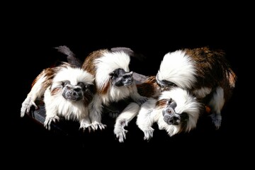 Closeup of cotton-top tamarins (Saguinus oedipus) on a dark background