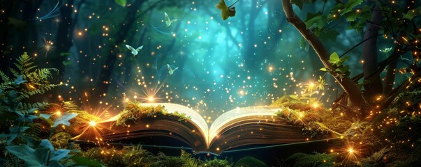 Classic cosmic fairytale book reading, stories of heroes and aliens, enchanted forests