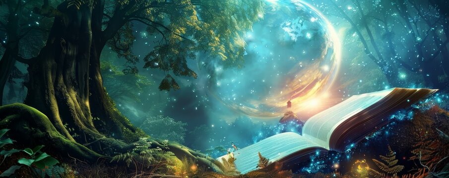 Classic cosmic fairytale book reading, stories of heroes and aliens, enchanted forests