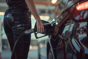 The gas station attendant watched as the woman inserted the nozzle into her car's tank for pouring fuel