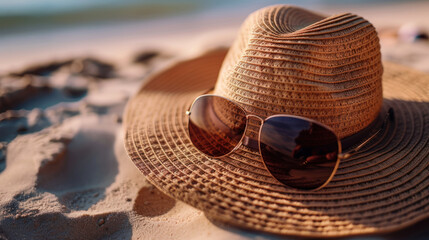 Sunhat and sunglasses, beach essentials, space for text  - obrazy, fototapety, plakaty