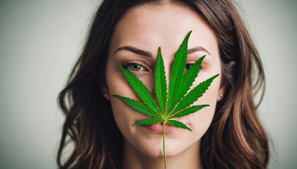Naklejka premium Woman With Marijuana Leaf Portrait.