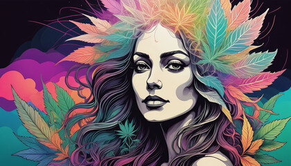 Psychedelic Cannabis Line Art With An Abstract Woman.