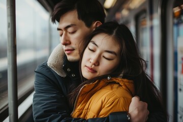 Obraz premium couple holding each other, eyes closed, in station