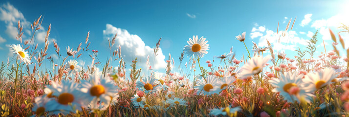 A field of wildflowers with daisies and cornflowers on blue sky background