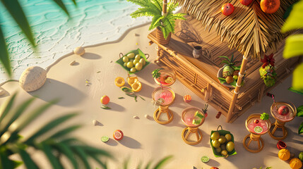 Tropical Paradise: A Vibrant Illustration of a Hawaiian Beach Cafe Serving Fruit-Filled Cocktails amidst Palm Trees - obrazy, fototapety, plakaty