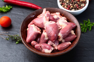 Raw chicken giblets hearts , meat background - 768827517