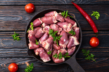 Raw chicken giblets hearts , meat background - 768827561