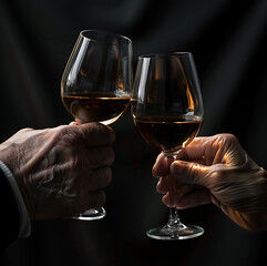 two elderly hands holding glasses of wine