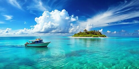 Boat in turquoise ocean water against blue sky with white clouds and tropical island. Natural landscape for summer vacation, panoramic view. - obrazy, fototapety, plakaty