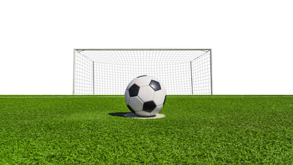 Close-up soccer ball in frot of textured soccer net on soccer goal isolated on free PNG Backgrund. - obrazy, fototapety, plakaty