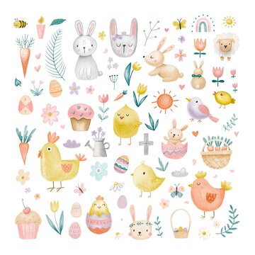 Happy Easter modern watercolor illustration set of cute objects and elements: chicken, sun, decorations, hen, rooster, rabbit, hare, abstract flowers, carrots, eggs, easter decor on white background 