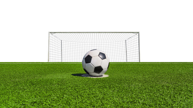 Close-up soccer ball in frot of textured soccer net on soccer goal isolated on free PNG Backgrund.