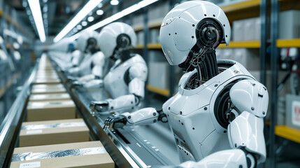 Automated robot checking products in industrial warehouse. packing  in line product.  - obrazy, fototapety, plakaty