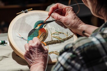 artisan embroidering a bird design in a round hoop - obrazy, fototapety, plakaty