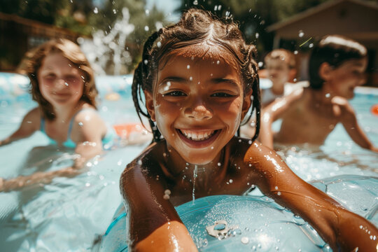group of diverse children in swimming pool with inflatable ring circles, smiling kids wearing swimwear at outdoor summer pool party portrait