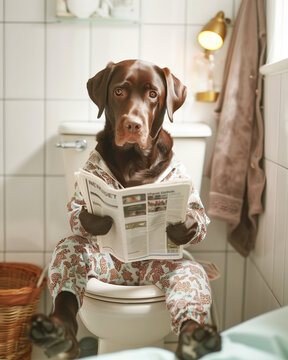 Chocolate Labrador dog wearing pajamas's sitting on a toilet, reading newspaper and looking directly at the camera.