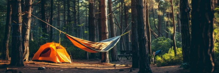 Relaxing in the forest at a campsite, a hanging hammock hangs on the trees near the tents in the rays of the setting sun, banner - obrazy, fototapety, plakaty