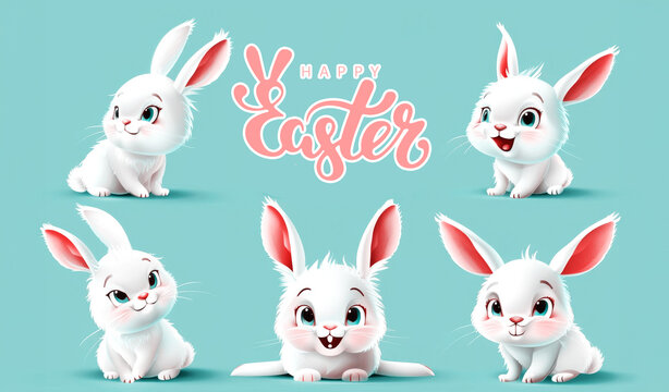Collection of adorable, fluffy white bunnies around a cheerful 'Happy Easter' greeting, set against a soft pastel blue background, perfect for festive Easter designs and joyful springtime projects.