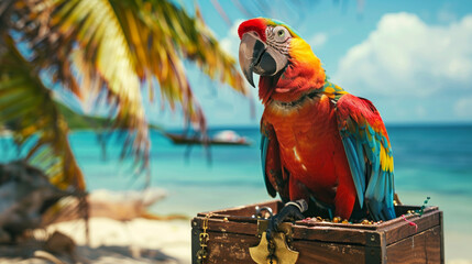 A vivid and colorful parrot perched on an open treasure chest on a tropical beach, evoking a sense of adventure and discovery - obrazy, fototapety, plakaty