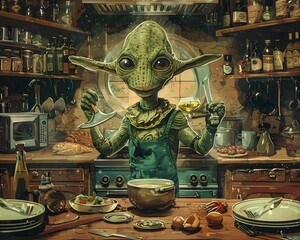 Fototapeta premium Vintage alien cooking show, traditional dishes from across the galaxy, rustic set