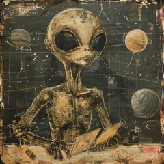 Vintage alien language school, chalkboards, interstellar linguistics, student mix - obrazy, fototapety, plakaty
